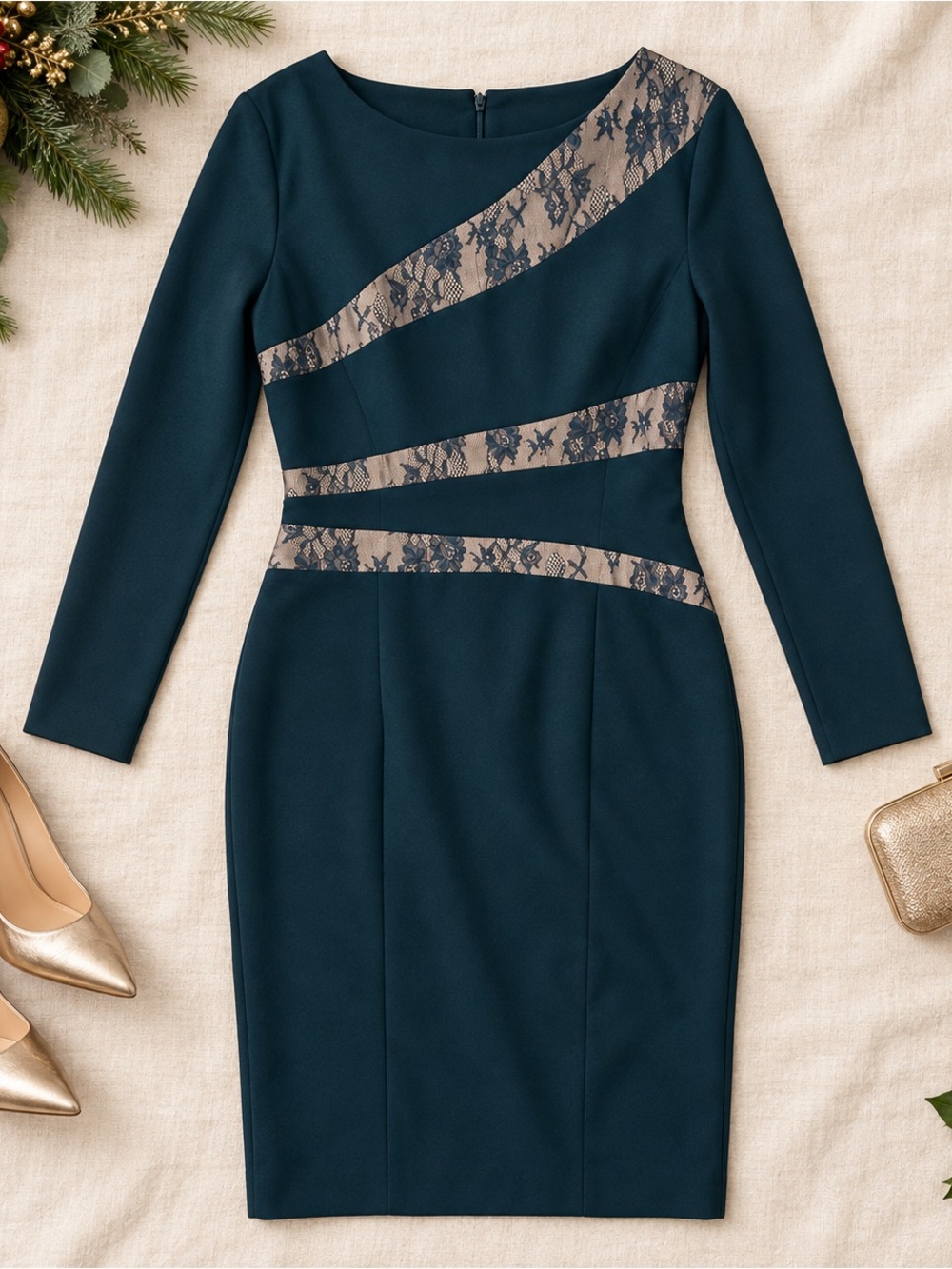 Antonio Melani Teal Lace Inset Sheath Dress Size 6 Long Sleeve Cocktail